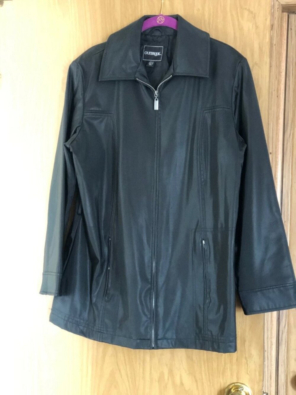 Outbrook Womens Medium Black Faux Leather Jacket Zip Front Lightweight Coat